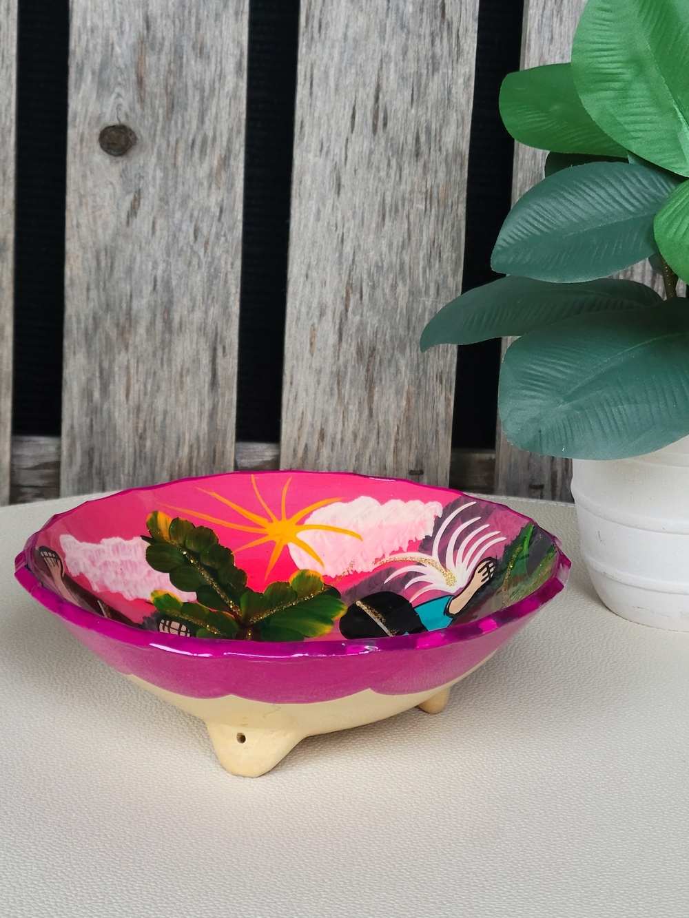 Hand-Painted Decorative Dish with Bright Magenta Dancing Girls Scene - Picture 3 of 6
